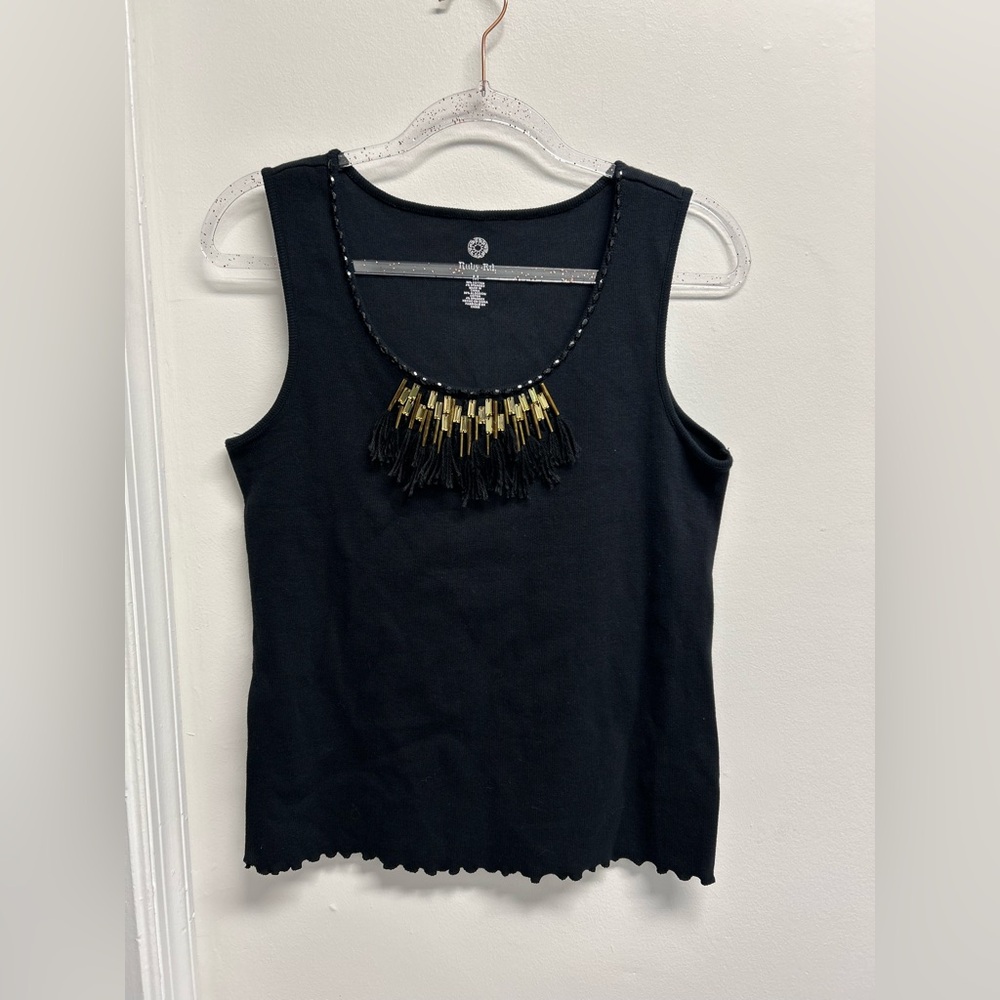 Ruby Rd. Black Tank Top with Gold Bead and Tassel Detail
